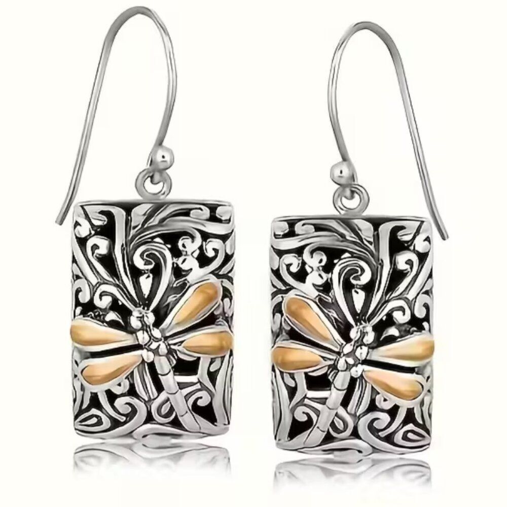 Boho Muse Dragonfly Earrings Two-Tone Engraved Rectangles Retro Chic Statement